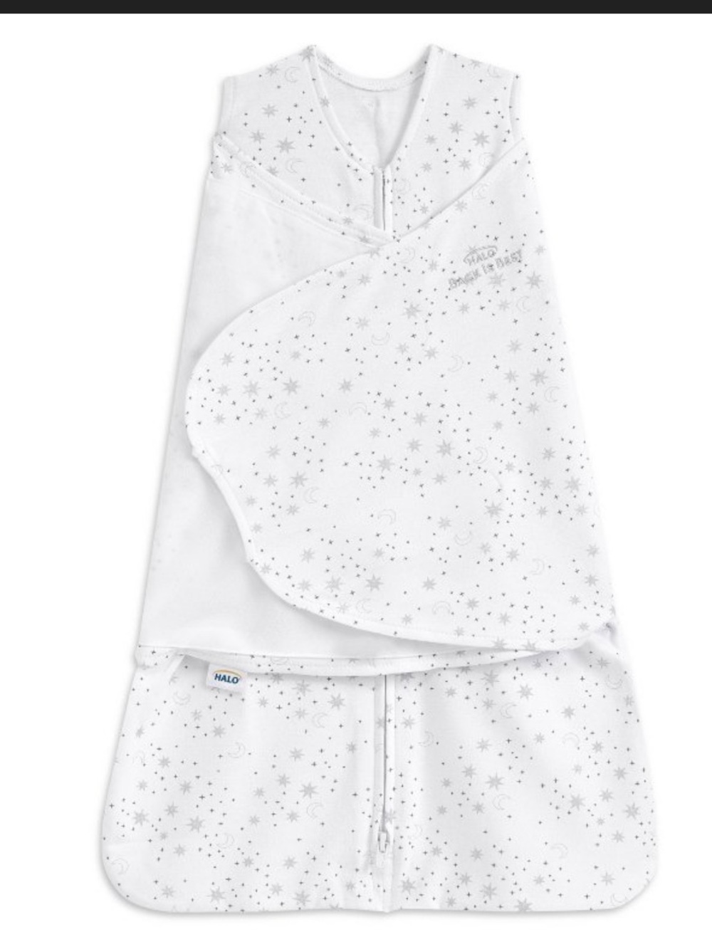 HALO Sleepsack Swaddle - White with Silver Star Print